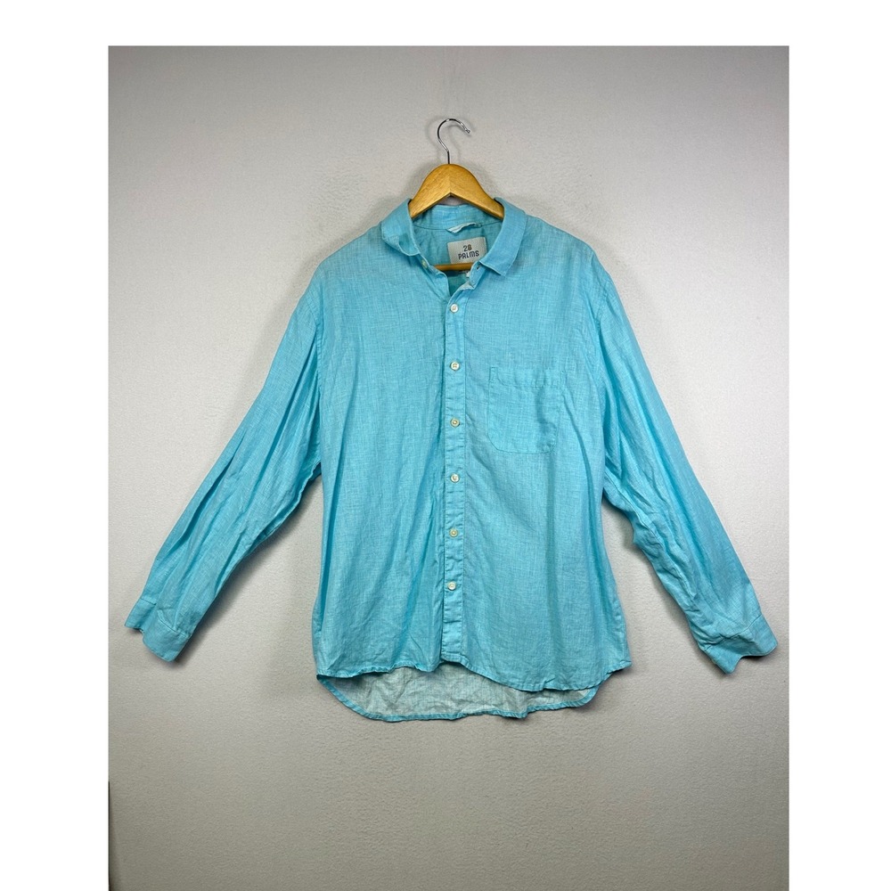 Coastal‎ Beach 28 Palms Mens Large Turquoise Blue 100% Linen Relaxed Button Down